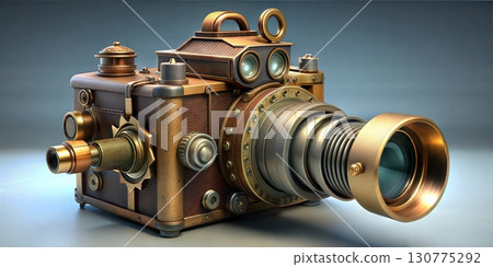 An elegant steampunk camera featuring a long brass lens and multiple viewing ports against a soft blue background 130775292