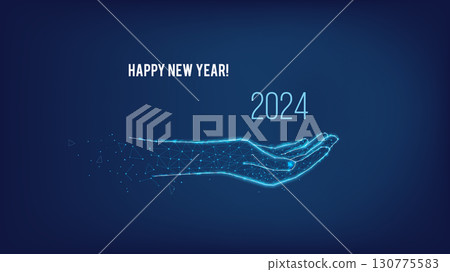 Happy New Year 2024 in hand from triangles and points on dark blue background 130775583
