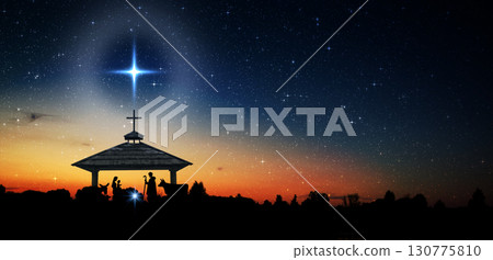 Bright Star of Bethlehem, or Christmas Star. Silhouettes of Jesus Christ, Mary, Joseph and animals. Starry sky at dawn Bright Star of Bethlehem, or Christmas Star. Silhouettes of Jesus Christ, Mary, Joseph and animals. Starry sky at dawn 130775810