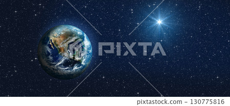 Bright star of Jesus and planet Earth in space. Bethlehem Star of the Nativity of Jesus Christ. Elements of this image furnished by NASA 130775816