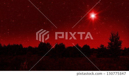 Bright star shines over the manger of christmas of Jesus Christ on red starry sky Bright star shines over the manger of christmas of Jesus Christ on red starry sky 130775847
