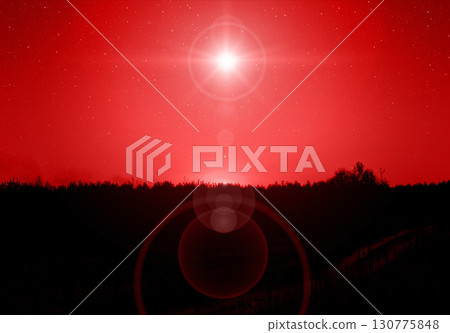 Christmas star. Background of the beautiful nite red starry sky and bright star. Concept Nativity of Jesus Christ Christmas star. Background of the beautiful nite red starry sky and bright star. Concept Nativity of Jesus Christ 130775848
