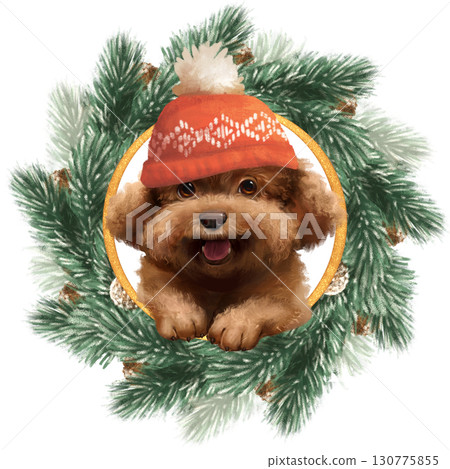 Hand-drawn illustration of an adorable fluffy brown dog in a red winter hat, peeking from a festive pine wreath with cones. Perfect for Christmas cards and holiday decor Hand-drawn illustration of an adorable fluffy brown dog in a red winter hat, peeking from a festive pine wreath with cones. Perfect for Christmas cards and holiday decor 130775855
