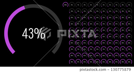 Set of circular sector arc percentage diagrams meters progress bar from 0 to 100 ready-to-use for web design, user interface UI or infographic - indicator with purple 130775879