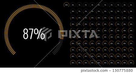 Set of circular sector arc percentage diagrams meters progress bar from 0 to 100 ready-to-use for web design, user interface UI or infographic - indicator with yellow 130775880