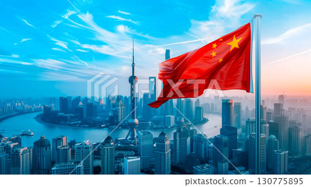 Flag of china with modern city skyscrapers and blue sky. 130775895