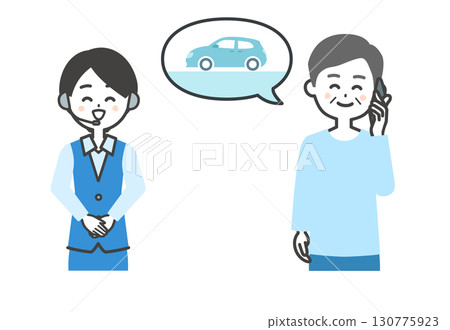 Illustration of a smiling elderly man and female operator talking on the phone about cars Illustration of a smiling elderly man and female operator talking on the phone about cars 130775923