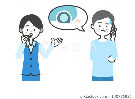 Illustration of an elderly man and a female operator consulting over the phone about a flat tire 130775925