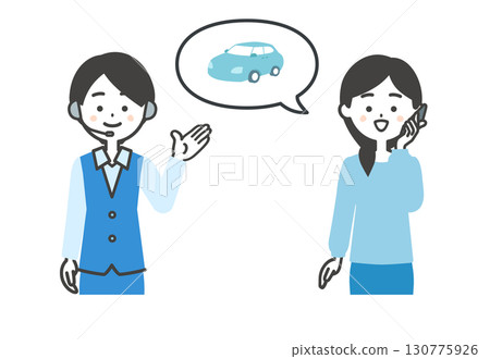 Illustration of a woman talking on the phone about cars and a female operator 130775926