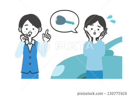 一名女子在智慧型手機上談論車鑰匙和一名女接線生的插圖 130775928
