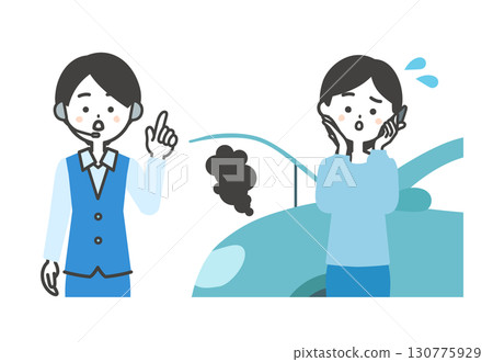 一名女子在一輛吸煙汽車和一名女操作員前用智慧型手機通話的插圖 130775929