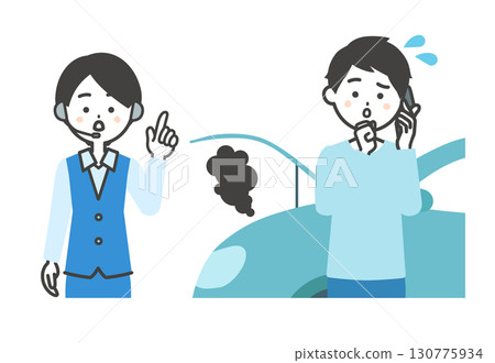 Illustration of a man and a female operator talking on a smartphone in front of a smoking car 130775934