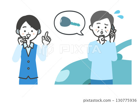 Illustration of an elderly man and a female operator talking on a smartphone about car keys Illustration of an elderly man and a female operator talking on a smartphone about car keys 130775936