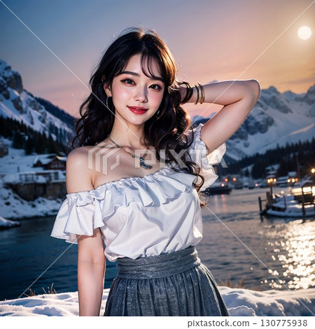 Beautiful snow scene: A girl playing in the snow Beautiful snow scene: A girl playing in the snow 130775938