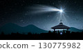 Bright Star, or Christmas Star of Bethlehem. Silhouettes of Jesus Christ, Mary, Joseph and animals. 130775982