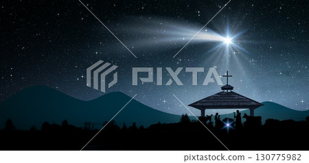Bright Star, or Christmas Star of Bethlehem. Silhouettes of Jesus Christ, Mary, Joseph and animals. Bright Star, or Christmas Star of Bethlehem. Silhouettes of Jesus Christ, Mary, Joseph and animals. 130775982