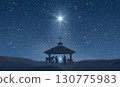 Bright Star of Bethlehem,  Christmas Star. Silhouettes of Jesus Christ, Mary, Joseph and animals. 130775983