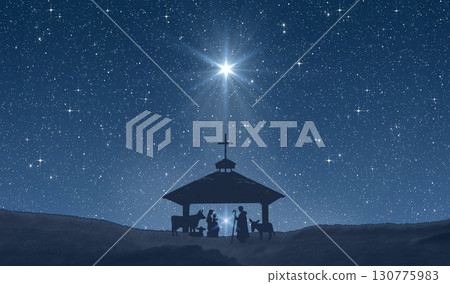 Bright Star of Bethlehem,  Christmas Star. Silhouettes of Jesus Christ, Mary, Joseph and animals. 130775983