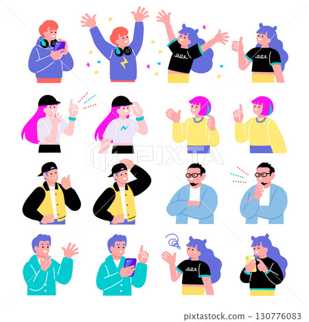 Pop and colorful young people's facial expression illustration set 130776083