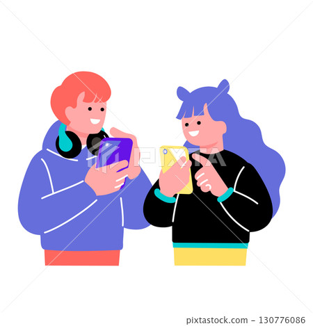 年輕人使用智慧型手機的流行彩色插圖 130776086