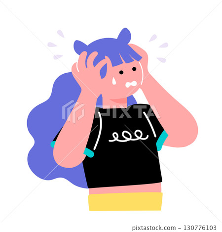 A pop and colorful illustration of a young man holding his head and feeling anxious 130776103
