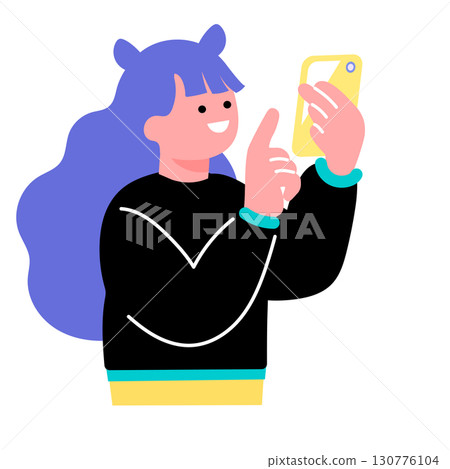 A pop and colorful illustration of a young person taking a photo with a smartphone 130776104