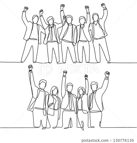 Two rows of people with raised fists in celebration 130776130