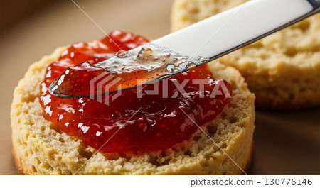 Spreading Jam on Warm Scone with Knife 130776146