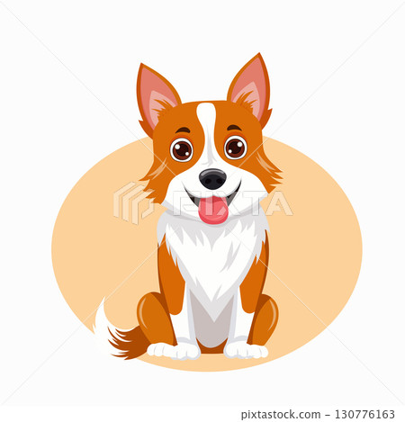 Cute Dog with Red and White Fur Sitting with Its Tongue Hanging Out. Man's Best Friend. Vector Illustration. Big Eyes, Drawing for Children, Kennels. Cute Dog with Red and White Fur Sitting with Its Tongue Hanging Out. Man's Best Friend. Vector Illustration. Big Eyes, Drawing for Children, Kennels. 130776163