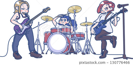 Illustration of women in a band playing guitar, bass, and drums 130776466