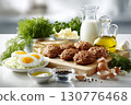 Healthy Homemade Meals: Homemade Cutlets And Eggs Surrounded By A Rich Variety Of Healthy And Organic Products. 130776468