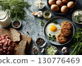 Healthy Homemade Meals: An Overhead View Of Cooked Cutlets And Fried Eggs With Fresh Ingredients For A Balanced Meal 130776469