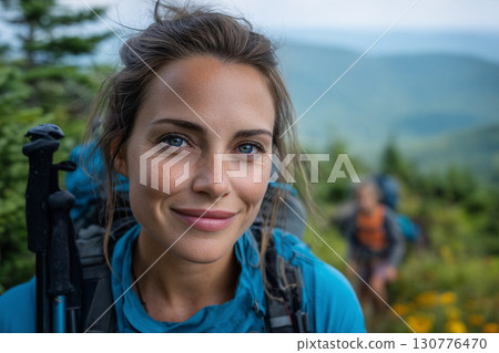 Beautiful and Strong Women: A Portrait Of A Confident Female Hiker Smiling On A Mountain Trail With A Scenic View. 130776470