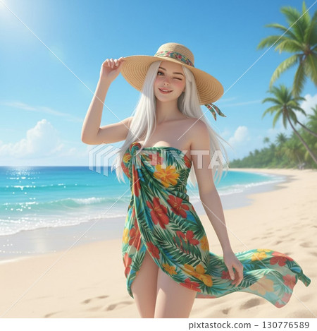 A winking goddess in a straw hat and pareo descends onto the beach 130776589