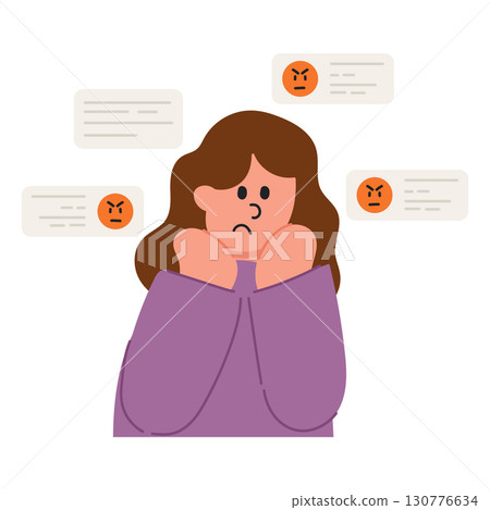 Vector cartoon illustration of a woman affected by cyberbullying. Online harassment and digital safety concept. 130776634