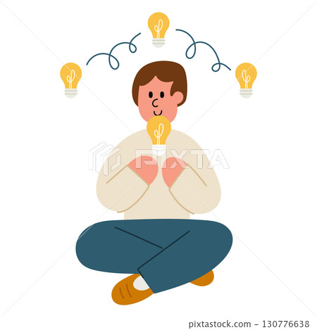 Vector cartoon illustration of a man with a light bulb, symbolizing a creative idea and inspiration. 130776638