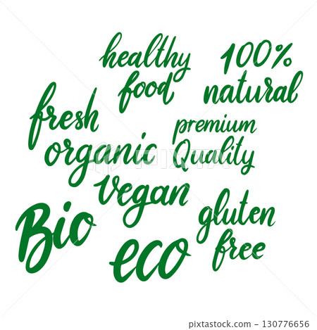 Set of hand drawn lettering with organic food, eco food, fresh, natural, gluten free, bio food. Vector design element 130776656