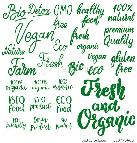Set of hand drawn lettering with organic food, eco food, fresh, natural, gluten free, bio food. Vector design element Set of hand drawn lettering with organic food, eco food, fresh, natural, gluten free, bio food. Vector design element 130776660