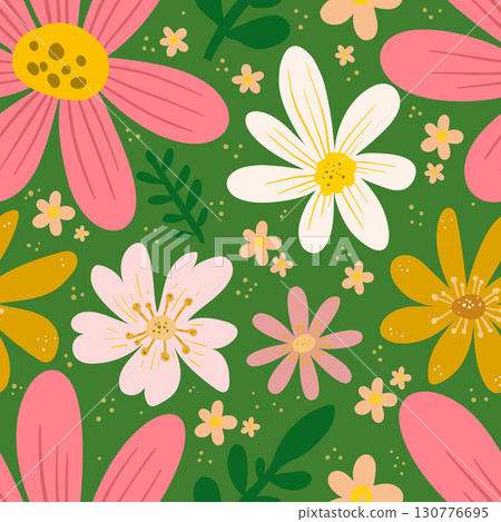 Seamless pattern with hand drawn flowers. Vector illustration 130776695