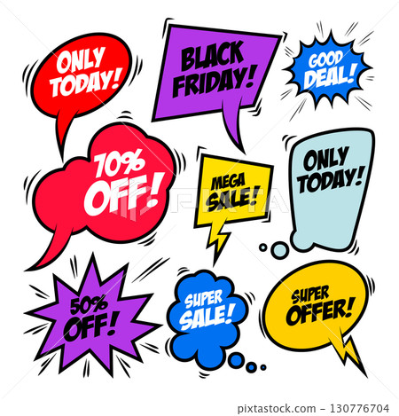 Set of bubbles, cloud talk, different shapes for Sale and Discount themes in comic style. Design elements in vector. Set of bubbles, cloud talk, different shapes for Sale and Discount themes in comic style. Design elements in vector. 130776704