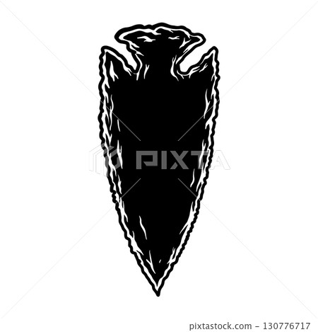 Illustration of stone arrowhead. Design element for poster, card, banner, logo, emblem. Vector illustration 130776717