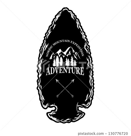 Camping emblem in arrowhead shape. Design element for poster, card, banner, emblem, sign. Vector illustration 130776720