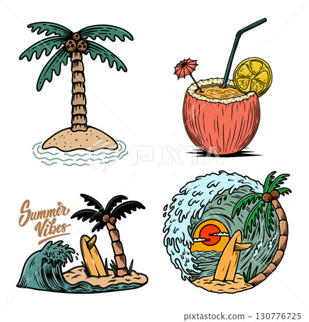Surfing deck, wave and tropical beach. Design element for poster, card, banner. 130776725