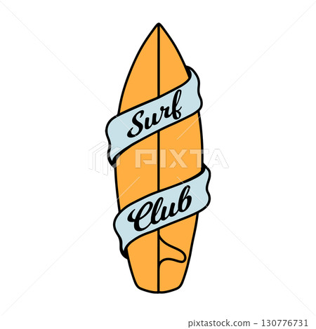 Surf club. Surfing board with lettering. Bright summer illustration . for textiles, prints, for boy and girl Surf club. Surfing board with lettering. Bright summer illustration . for textiles, prints, for boy and girl 130776731