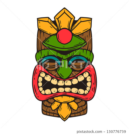 Tiki tribal wooden mask set and Tiki mug. Hawaiian traditional elements. Colored, wooden and black and white silhouette. Vector illustration Tiki tribal wooden mask set and Tiki mug. Hawaiian traditional elements. Colored, wooden and black and white silhouette. Vector illustration 130776739