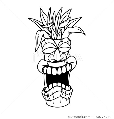 Tiki tribal wooden mask set and Tiki mug. Hawaiian traditional elements. Colored, wooden and black and white silhouette. Vector illustration Tiki tribal wooden mask set and Tiki mug. Hawaiian traditional elements. Colored, wooden and black and white silhouette. Vector illustration 130776740