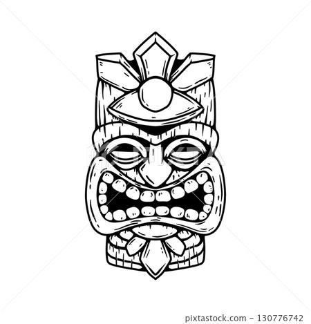 Tiki tribal wooden mask set and Tiki mug. Hawaiian traditional elements. Colored, wooden and black and white silhouette. Vector illustration Tiki tribal wooden mask set and Tiki mug. Hawaiian traditional elements. Colored, wooden and black and white silhouette. Vector illustration 130776742