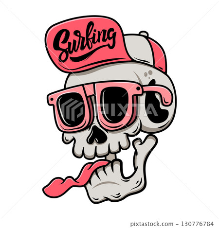 Cartoon skull in baseball cap and sunglasses. Vector illustration 130776784