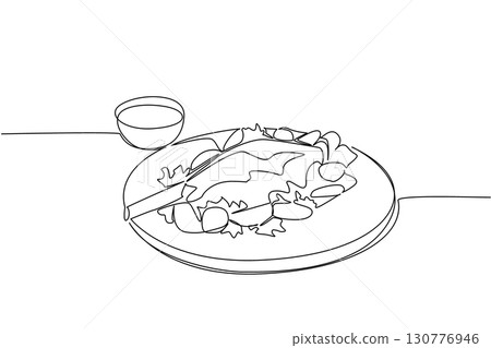 Single one line drawing roast leg lamb with potato and tomato slices. Very delicious juicy meat. A filling meal for dinner. National Roast Leg of Lamb. Continuous line design graphic illustration Single one line drawing roast leg lamb with potato and tomato slices. Very delicious juicy meat. A filling meal for dinner. National Roast Leg of Lamb. Continuous line design graphic illustration 130776946
