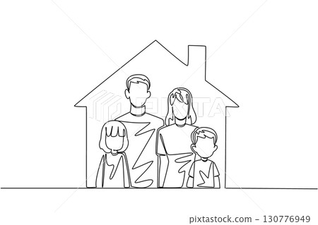 Single one line drawing father, mother, son, daughter in the house. Best care for children is from both parents. The best love. National Foster Care Day. Continuous line design graphic illustration Single one line drawing father, mother, son, daughter in the house. Best care for children is from both parents. The best love. National Foster Care Day. Continuous line design graphic illustration 130776949